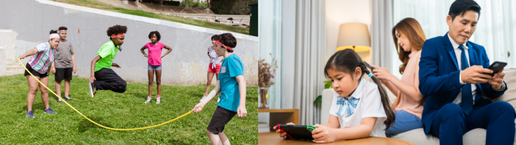 Kids playing outside with friends, while a parent ignores their child by looking at their phone.